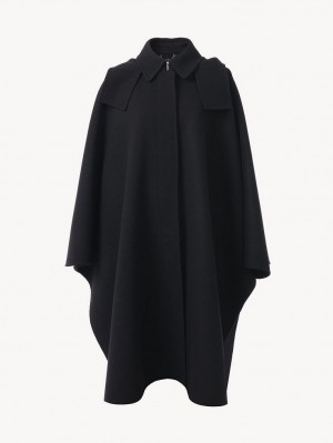 Black Chloe Hooded Cape Coats | CHE-SR13820