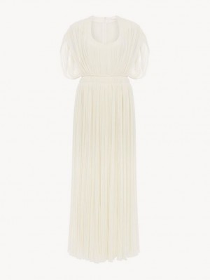 Eden White Chloe Pleated Long Dresses | CHE-SR13859