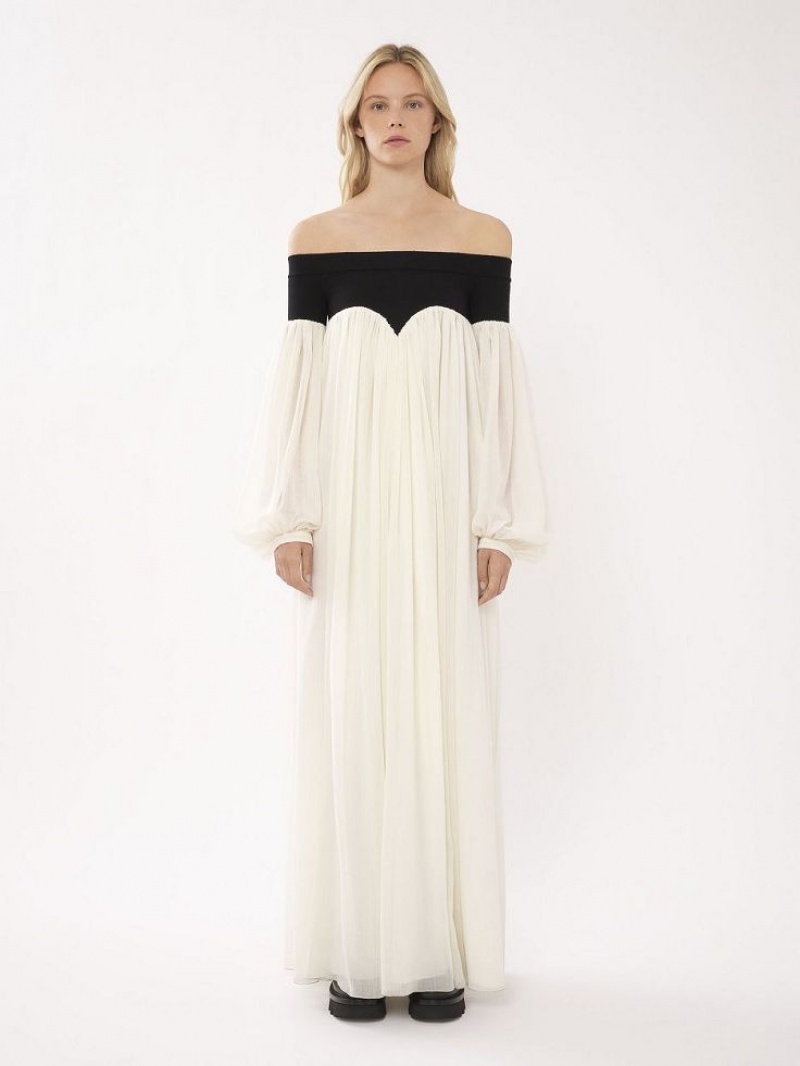 BLACK - WHITE 1 Chloe Off-the-shoulder Maxi Dresses | CHE-SR13857