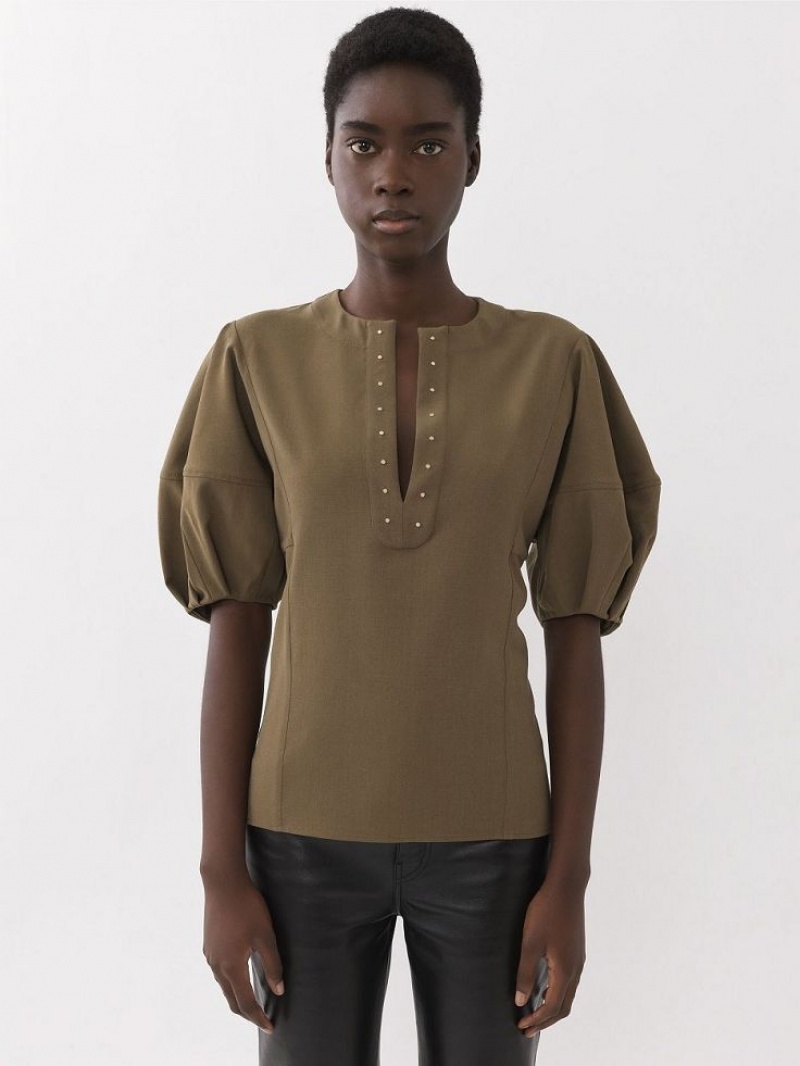 OBSCURE KHAKI Chloe Balloon-sleeve Tops | CHE-SR13899