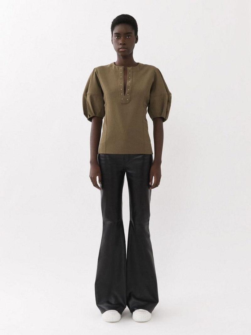 OBSCURE KHAKI Chloe Balloon-sleeve Tops | CHE-SR13899