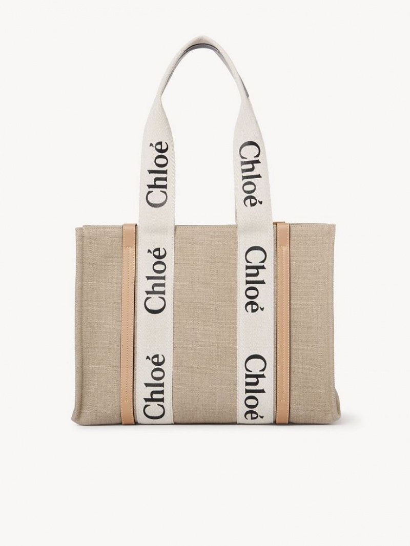 White - Beige 1 Chloe Medium Woody Tote Bags | CHE-SR13354